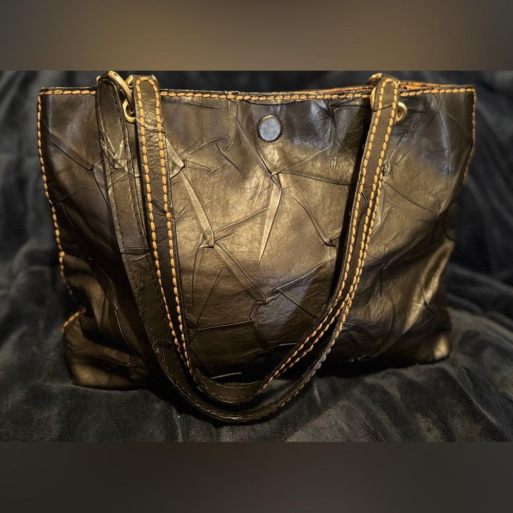 Plinio Visona Black Leather Tote with Tan Stitching